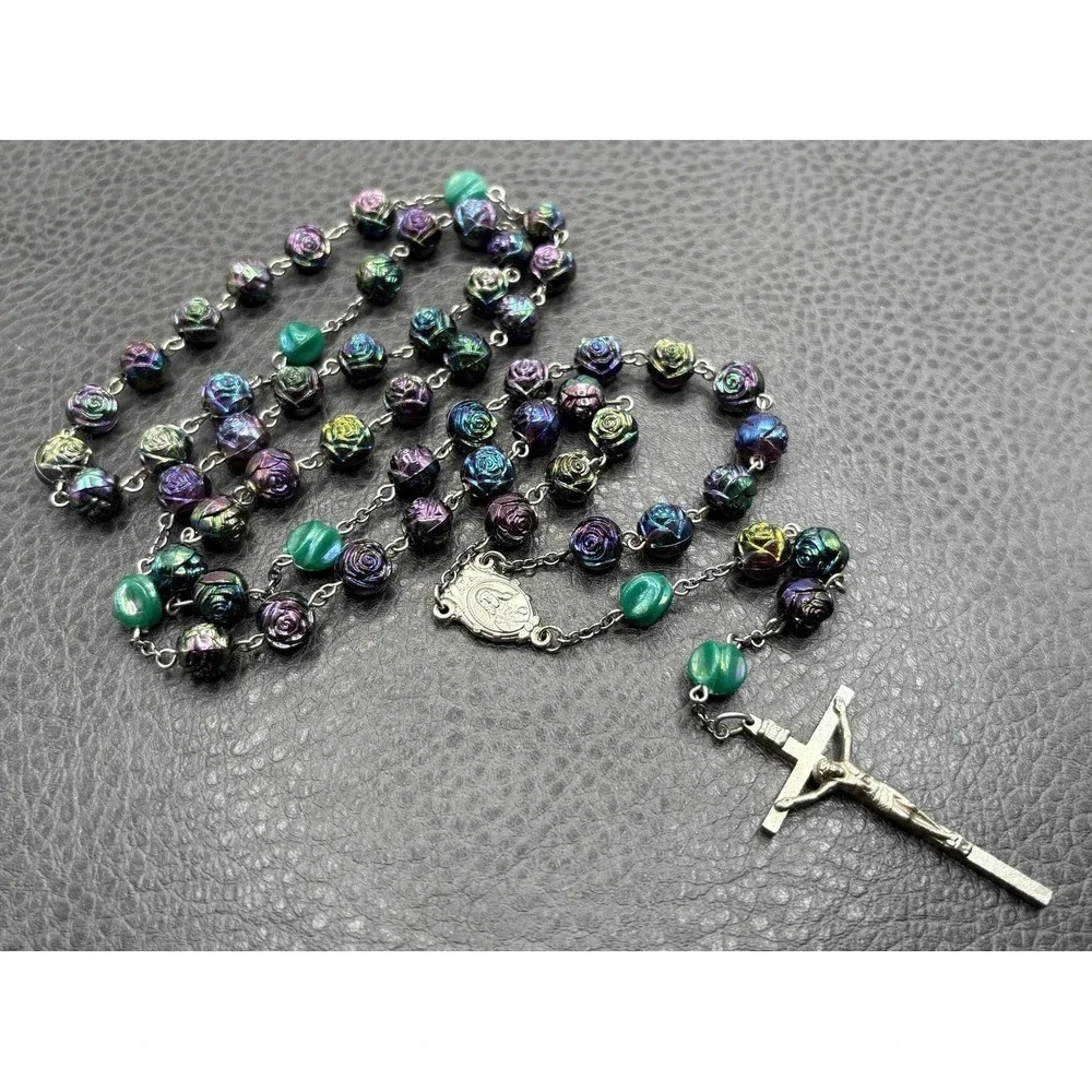 VTG Rosary Necklace Oil Slick Iridescent Rose Floral Beads Crucifix Silver Tone